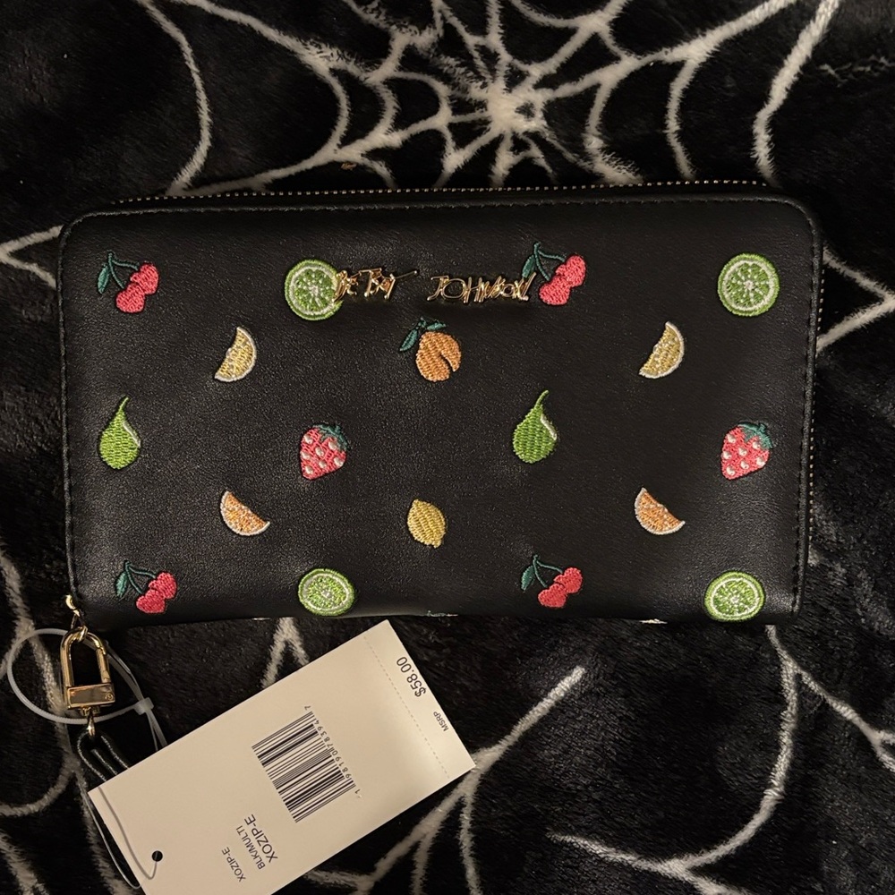 Black Fruit-Embroidered Zip Wallet Wristlet